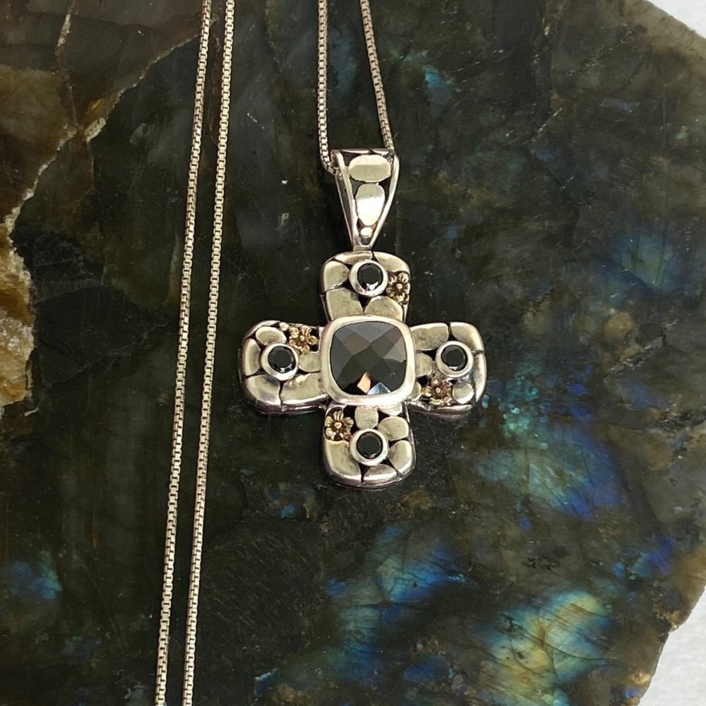 Sterling Silver 925 Black Tourmaline Glass Cross Pendant Necklace 18" Box Chain - Picture 2 of 16